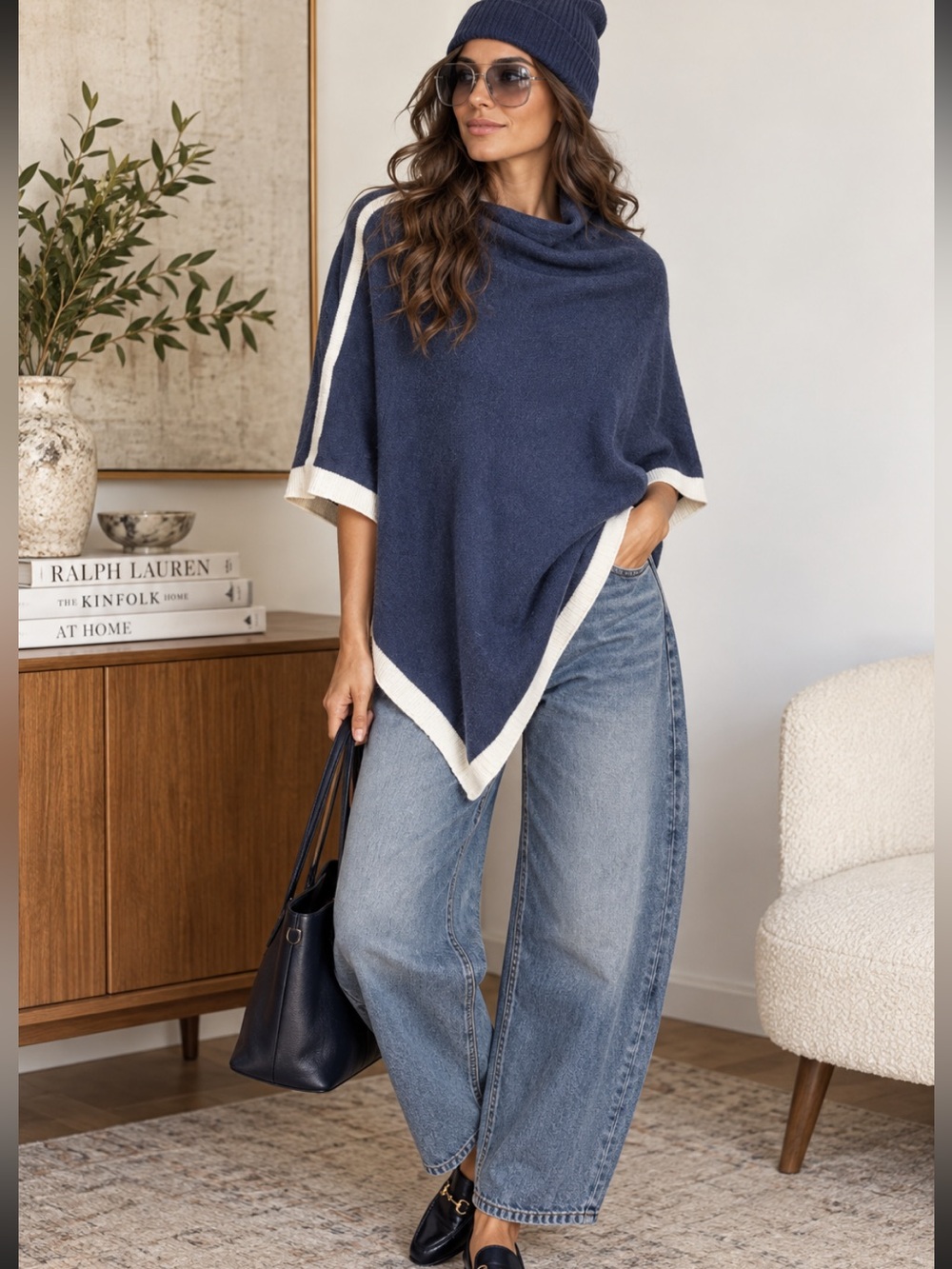 Sarah Campbell Cashmere Poncho Navy Blue Ivory Trim Cape Wrap~ NWOT